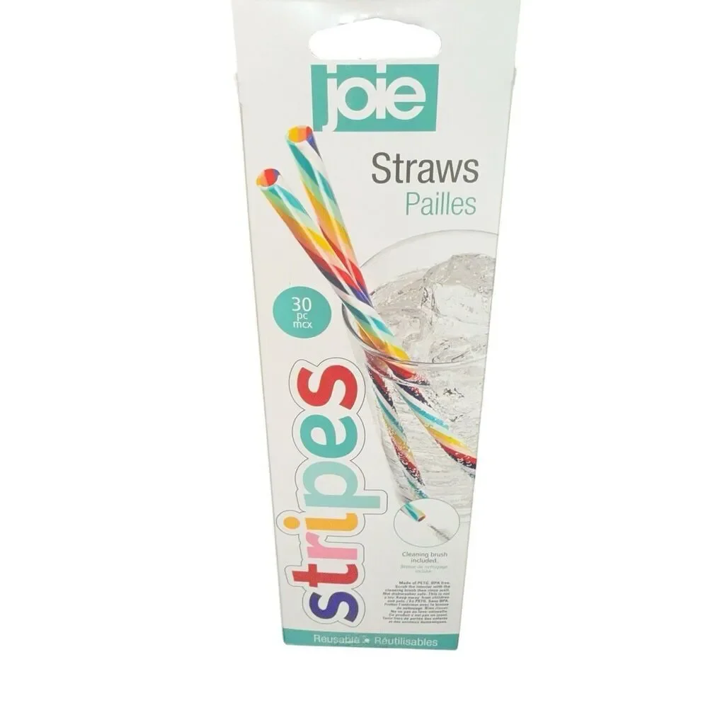 Joie Stripes Straws, 30 Pc Rainbow, Reusable & Eco-Friendly With Cleaning Brush